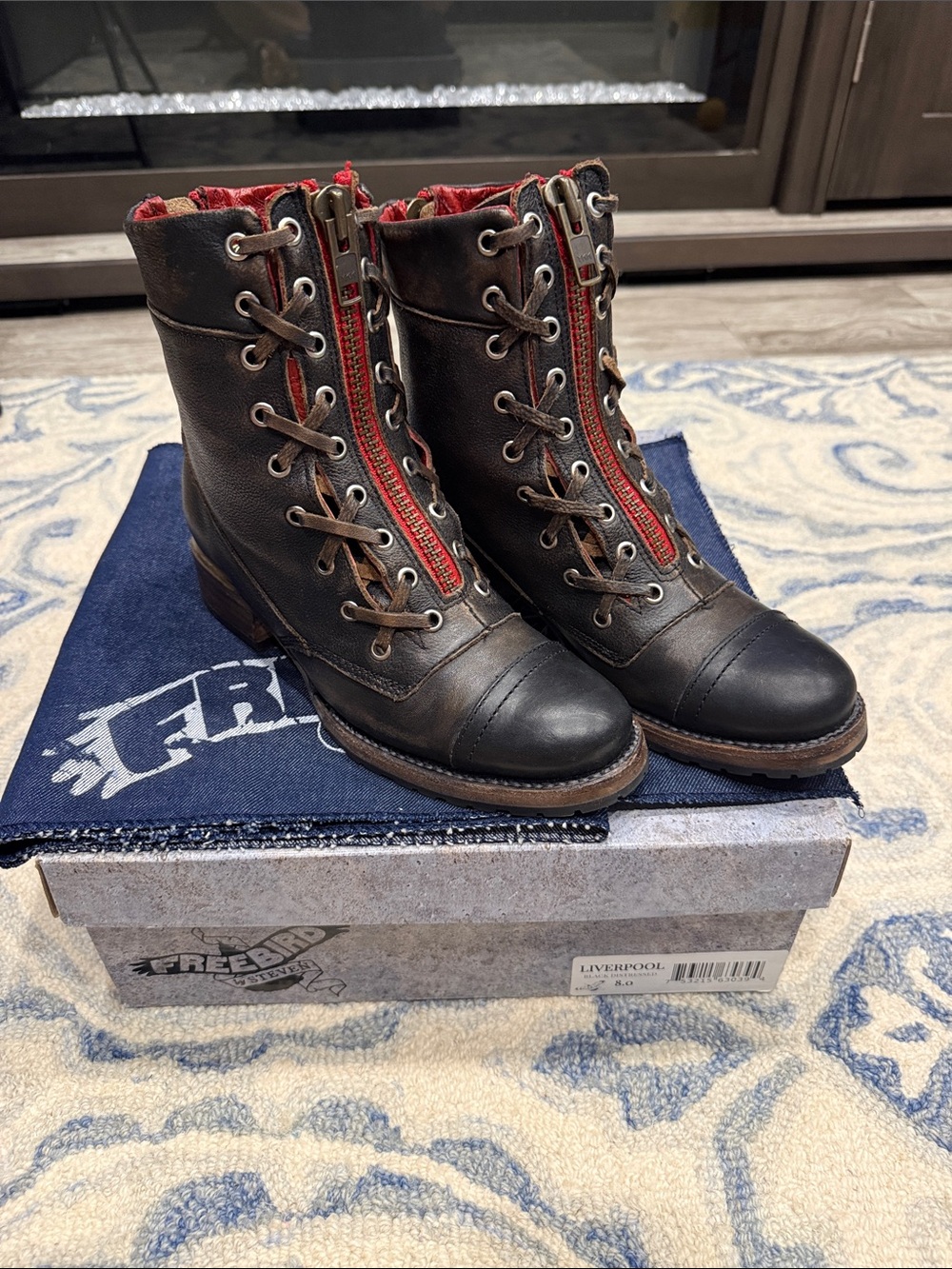 Freebird by Steven Black Leather Combat Boots with Red Zip Trim